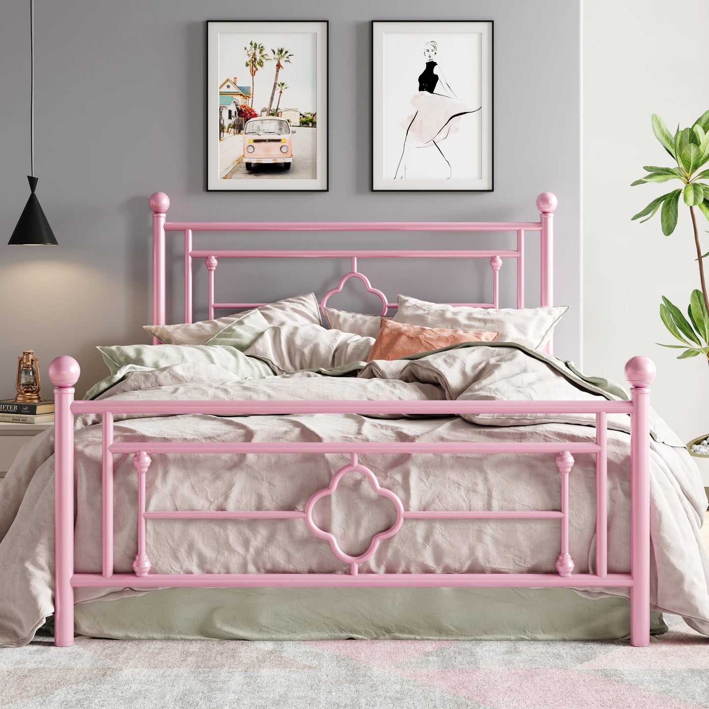 Vintage Victorian Style Metal Platform Bed Frame with Head & Footboard