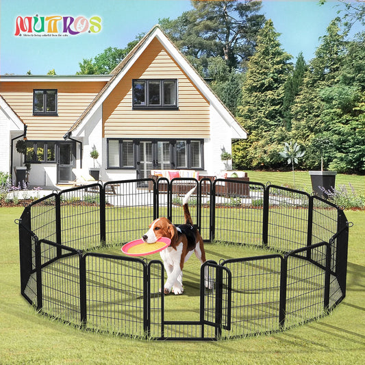 Outdoor/Indoor Foldable Metal Pet Fence w/Door, Heavy Duty