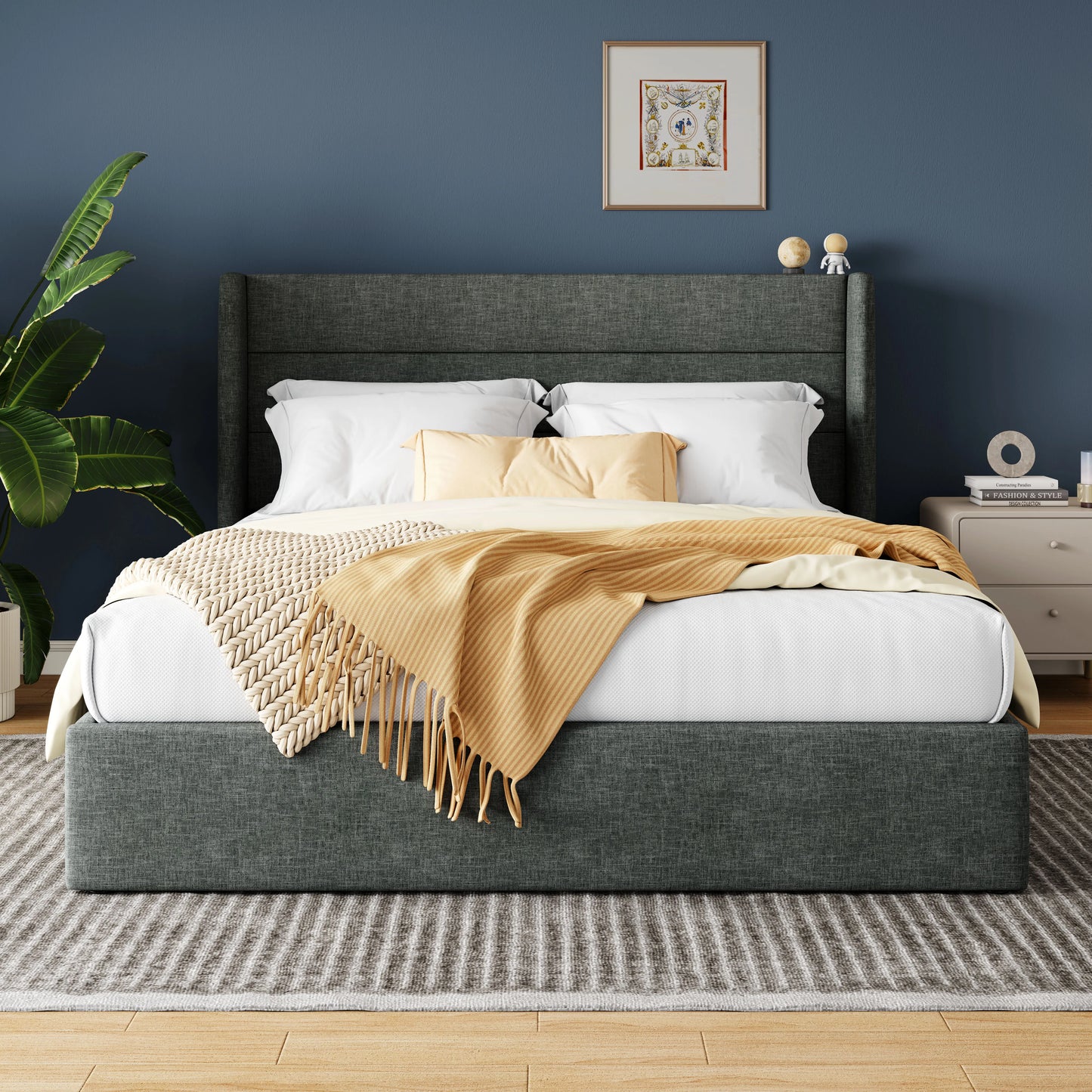 Lift Up Hydraulic Storage Bed with Wingback Headboard