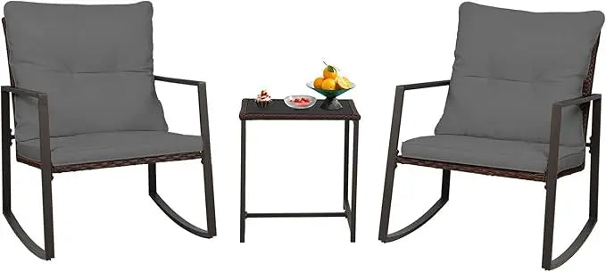 Patio Bistro Rocking Chair Set with Glass Coffee Table