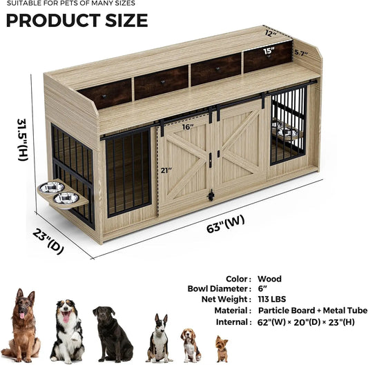 63" Wooden Large Breed Dog Kennel with Sliding Doors