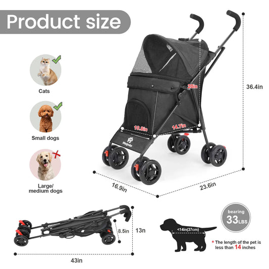 Pet Stroller 4 Wheel Stroller Rotate with Brakes & Storage