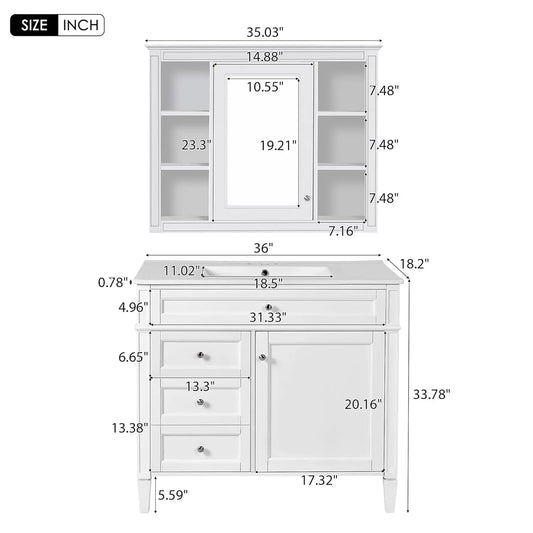 Modern 36" Bathroom Vanity w/Matching Mirror, Cabinet, Single Sink & Storage