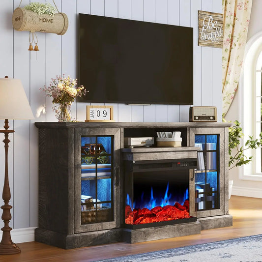 Fireplace 3 Sided Glass Media Entertainment Center Console