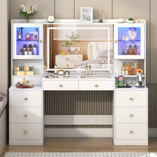 Large Vanity Desk with Mirror, Lights, and Charging Station