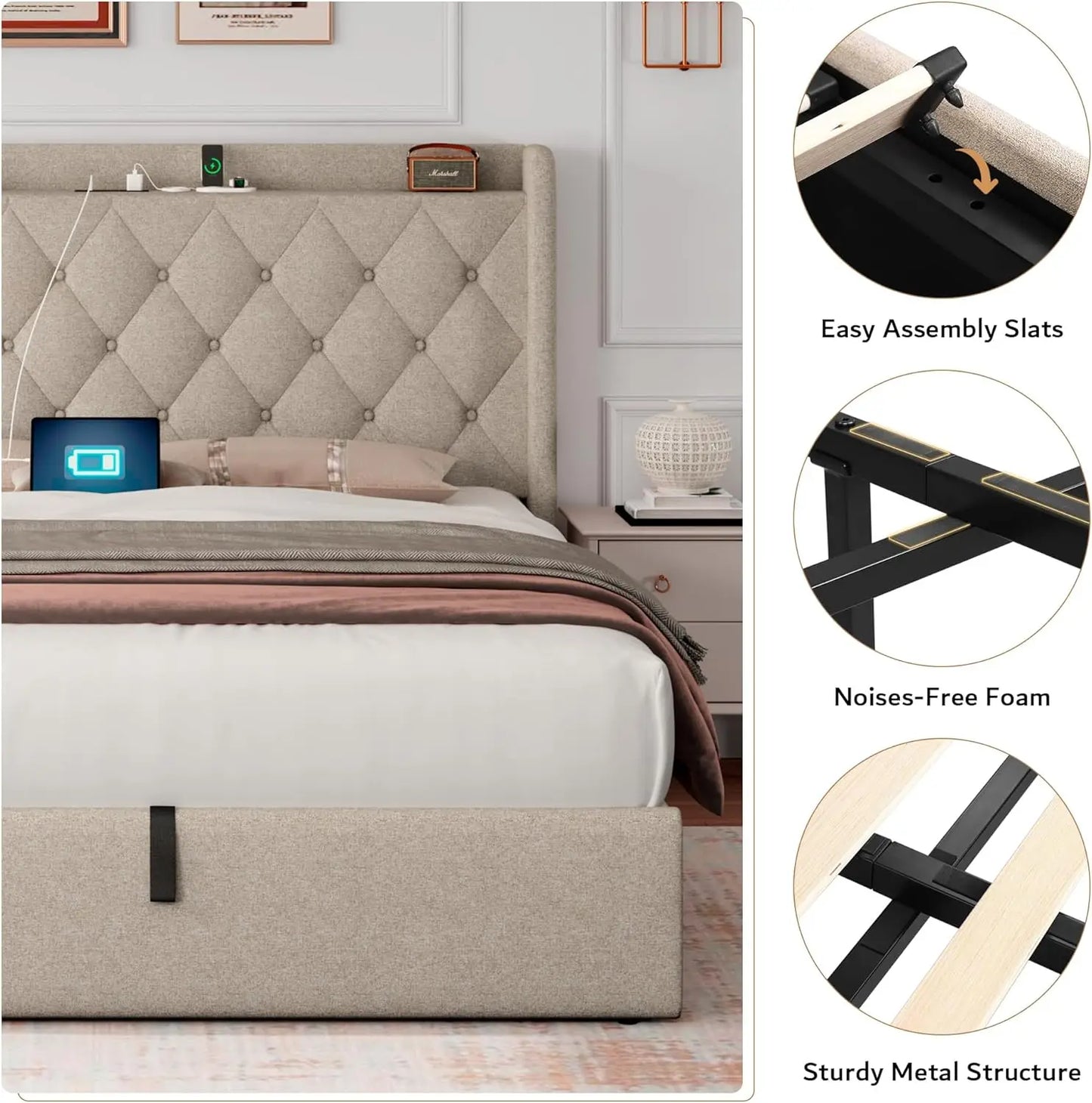 Lift Up Storage Bed Frame With Tufted Headboard