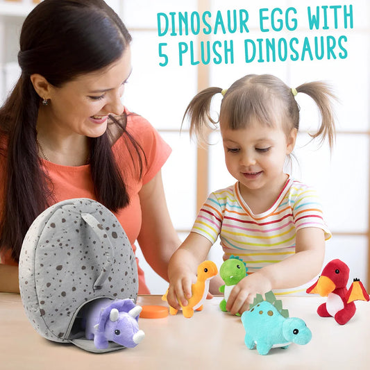 Five Small Dinosaur Plush Toys w/Egg Bag