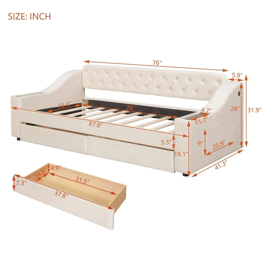 Upholstered Daybed w/Storage Armrests, 2 Drawers. and USB Ports