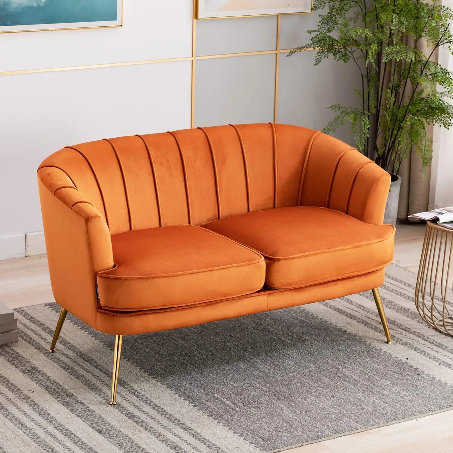 Contemporary Velvet Loveseat Chair w/Gold-Finished Metal Legs