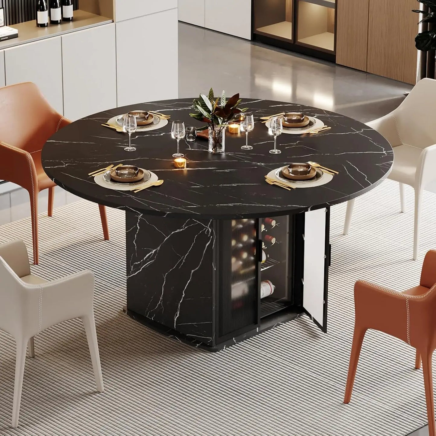 Black Round Dining Table with Storage Space