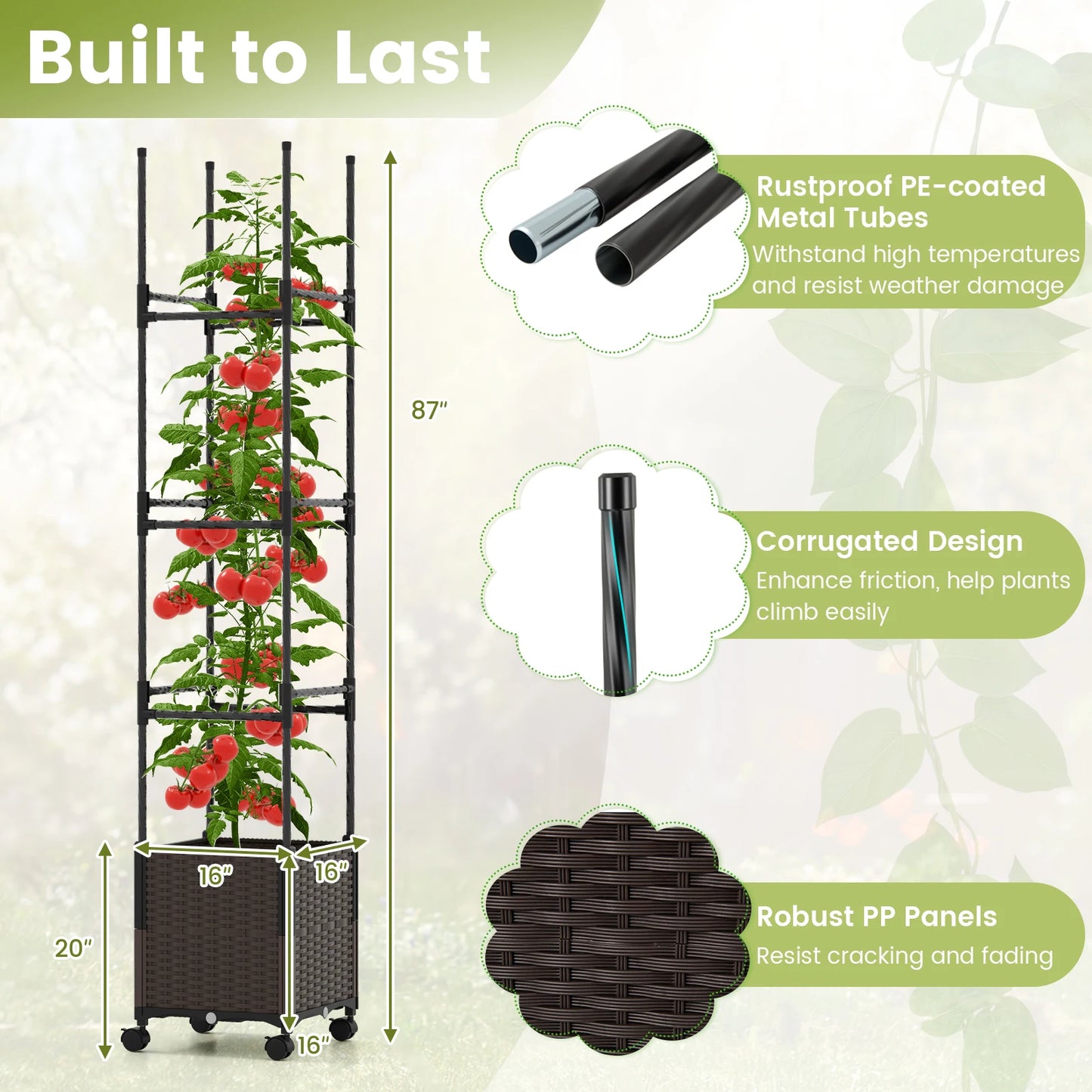 87" Tall Raised Garden Bed w/ Plant Box & Trellis Lockable Wheels