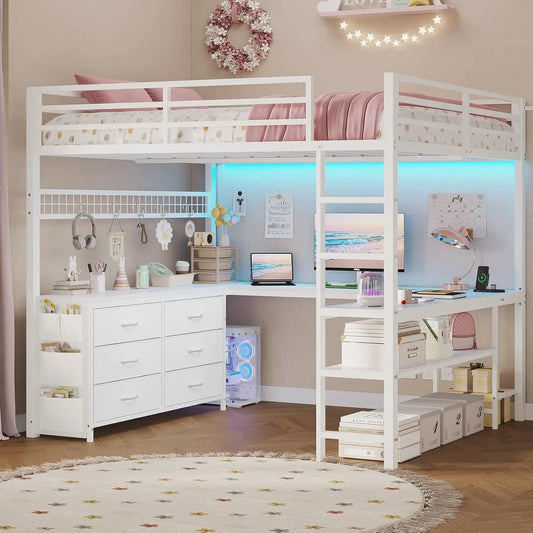 Full Size Loft Bed With U-Shaped Desk, 6 Drawers and Power Outlet