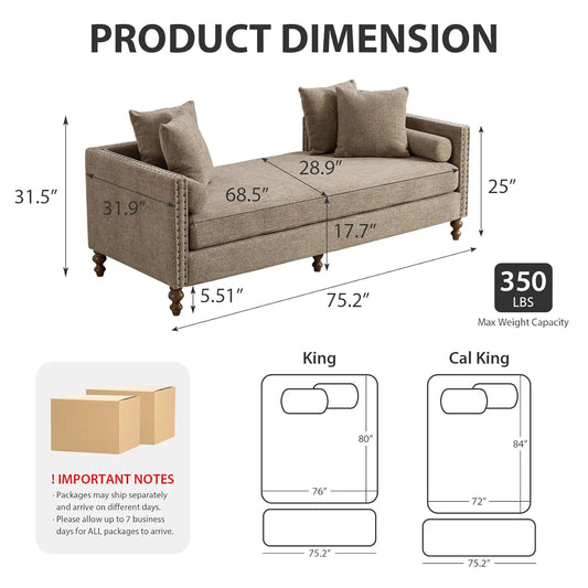 Oversized Chaise Lounge, Chenille End of Bed Bench with Tufted Arms