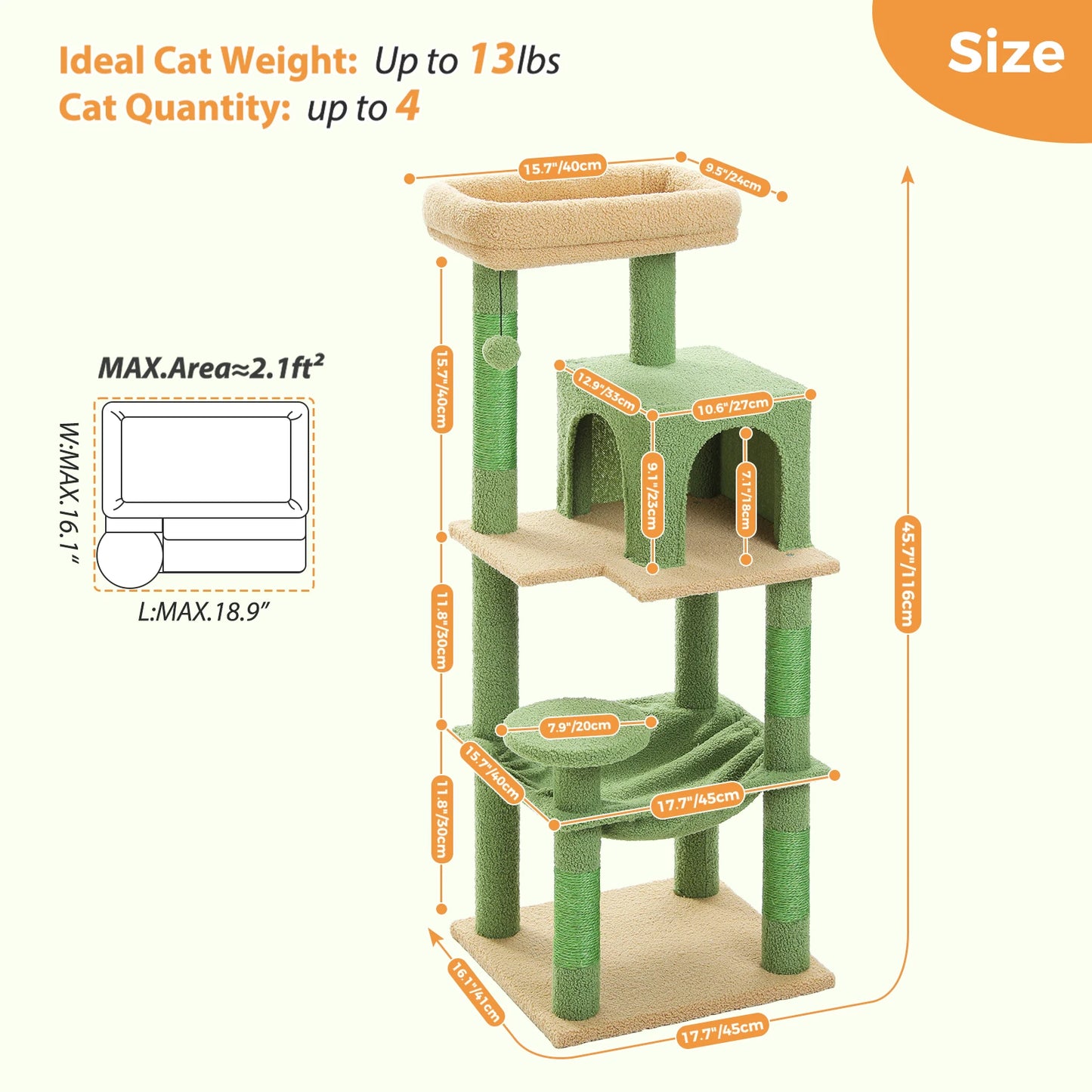 Cactus Tree Cat Tower with Hammock and Large Top Perch