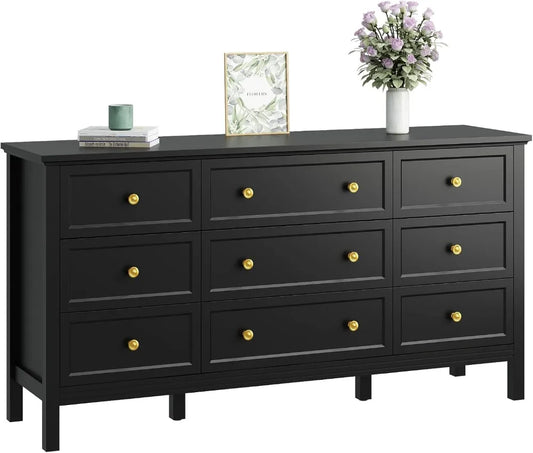 Modern Black Bedroom Set with 6-Drawer Dresser and Nightstands