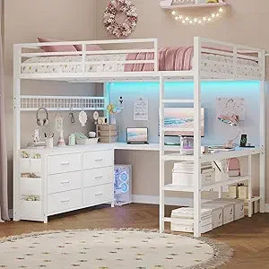 Full Size Loft Bed With U-Shaped Desk, 6 Drawers and Power Outlet