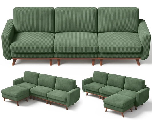 3-Seat Corduroy L-Shape Modular Sofa with Movable Ottoman,