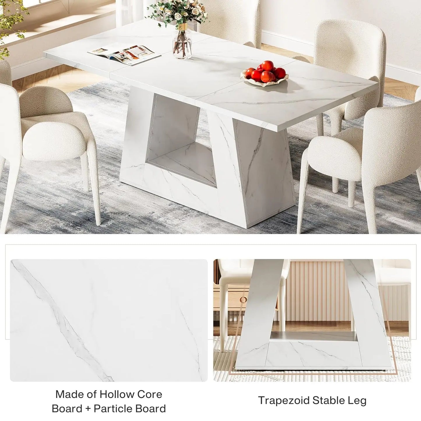 Modern Rectangular Dining Table, Wooden. Faux Marble