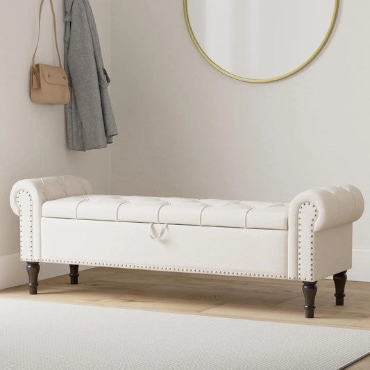 Rolled Arm Storage Bench Ottoman with Button Tufted