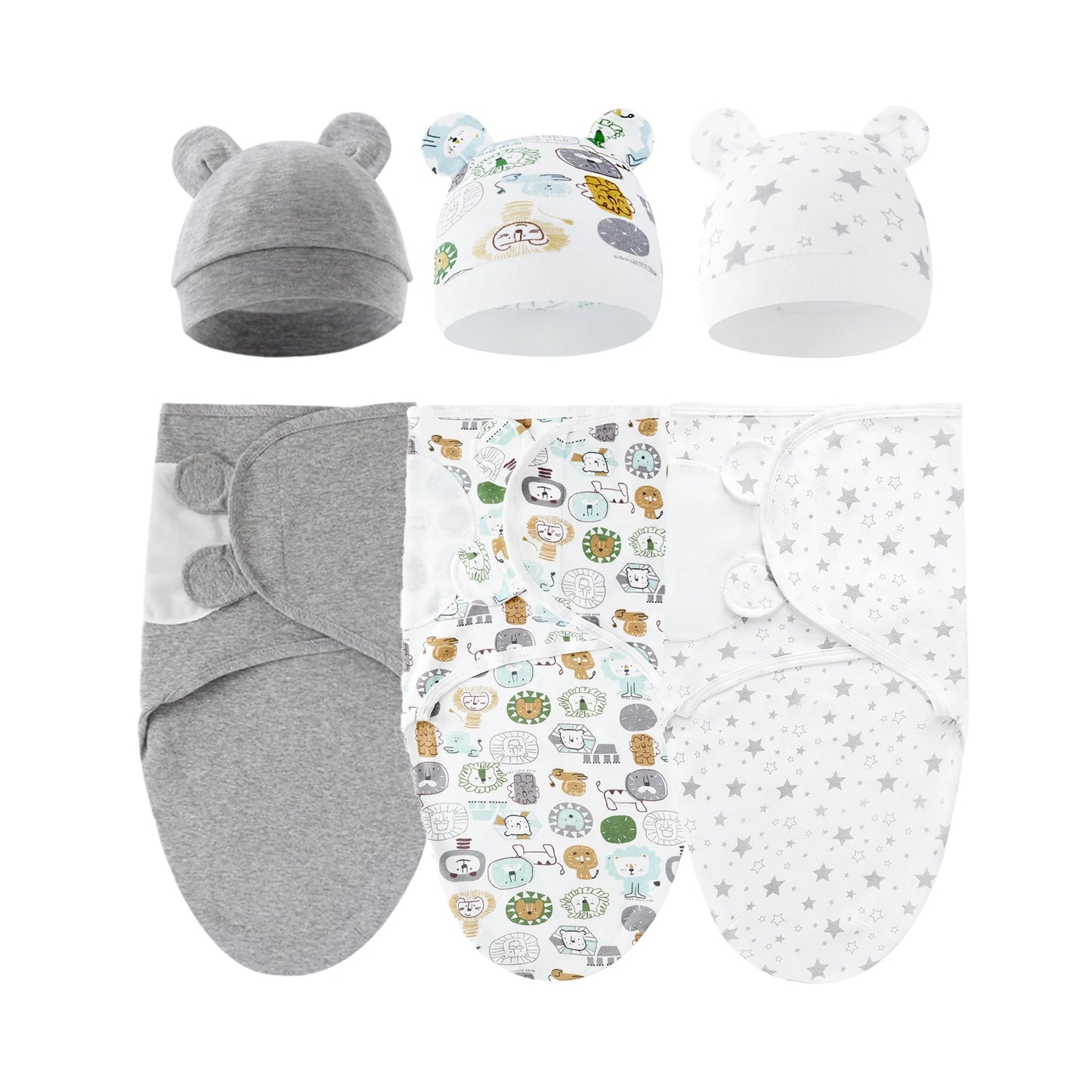 Set of 3 newborn swaddle blankets w/baby hats,