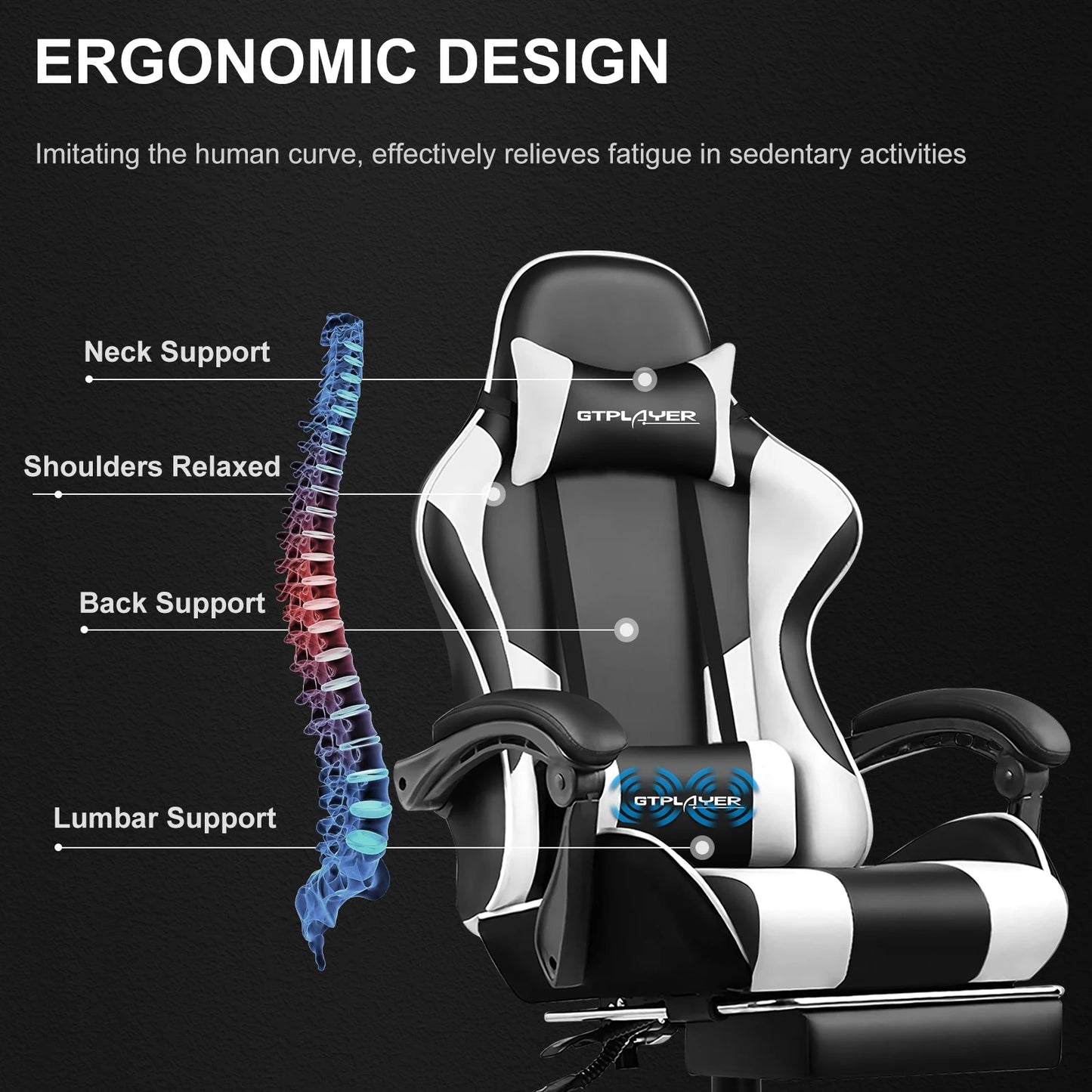 Gaming Chair With Lumbar Support, and Footrest