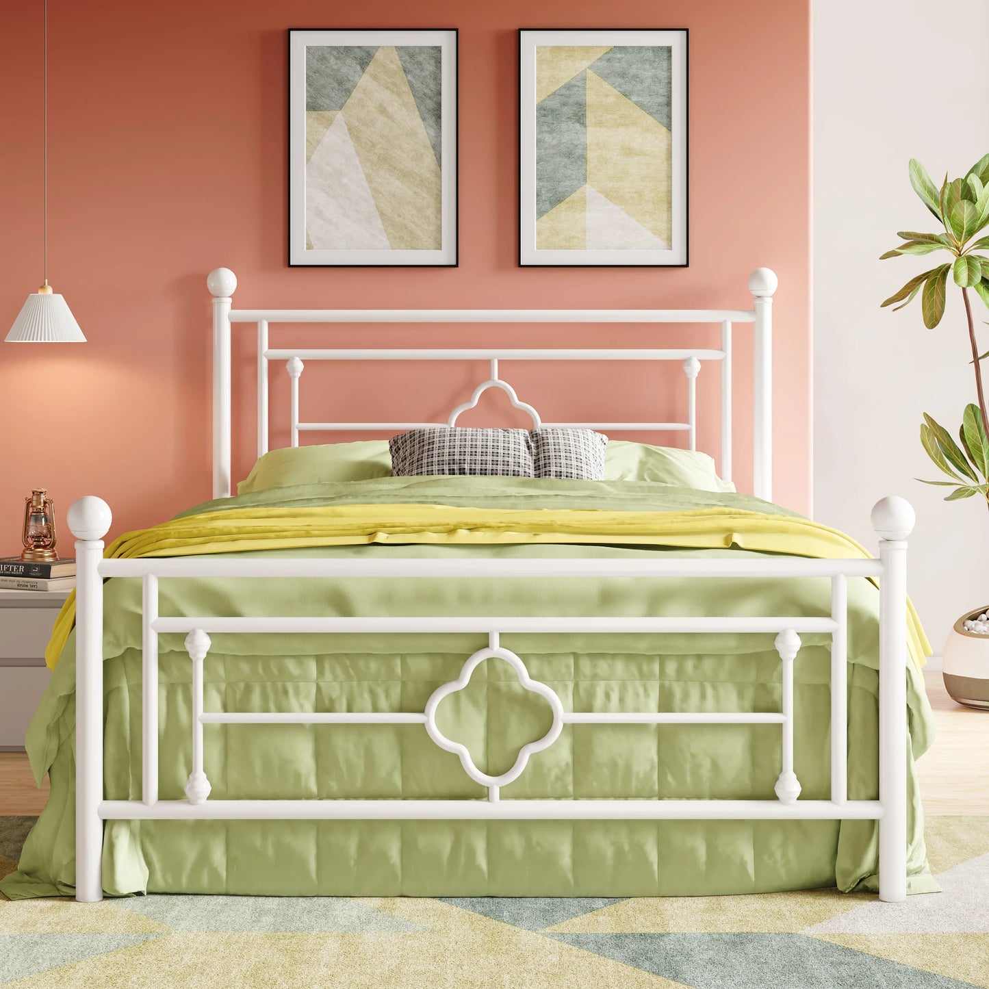 Vintage Victorian Style Metal Platform Bed Frame with Head & Footboard