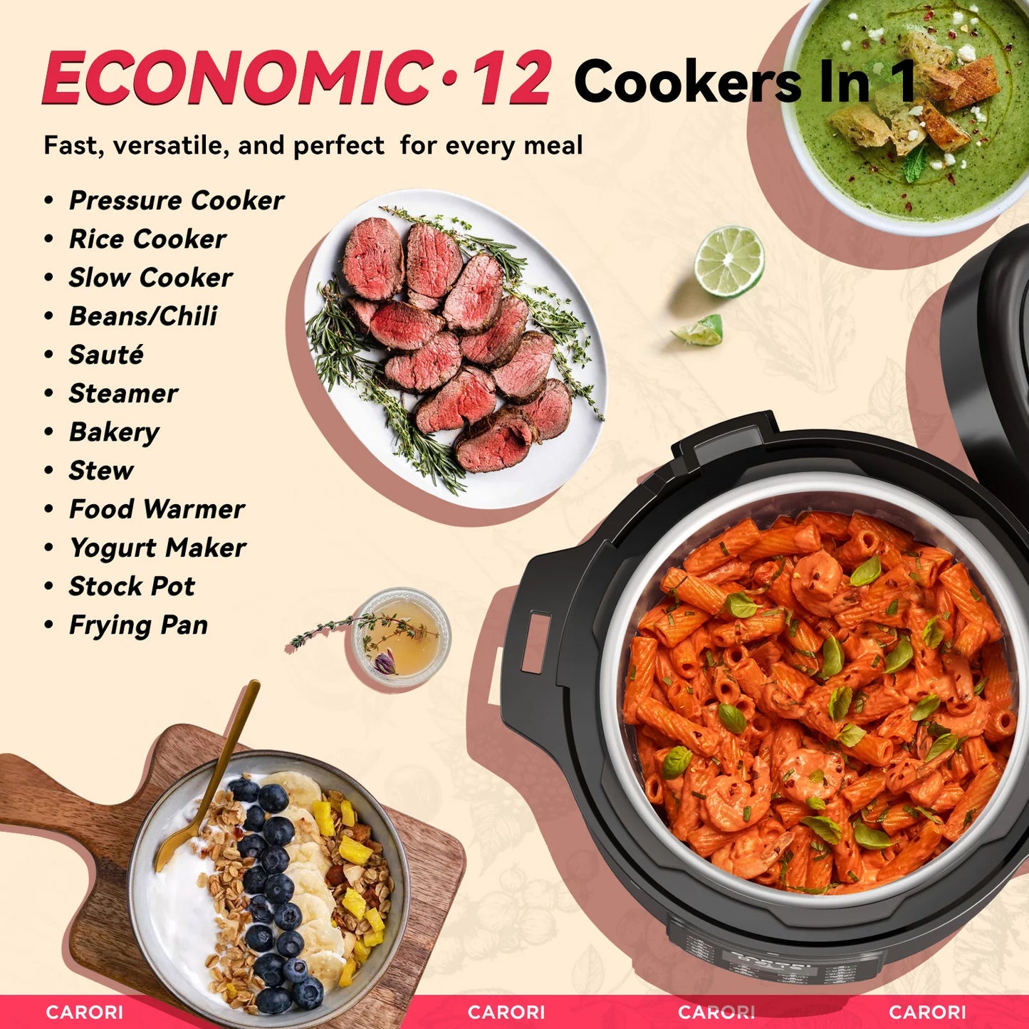 8Qt, 1200W 12-in-1 Stainless Steel Pressure Cooker
