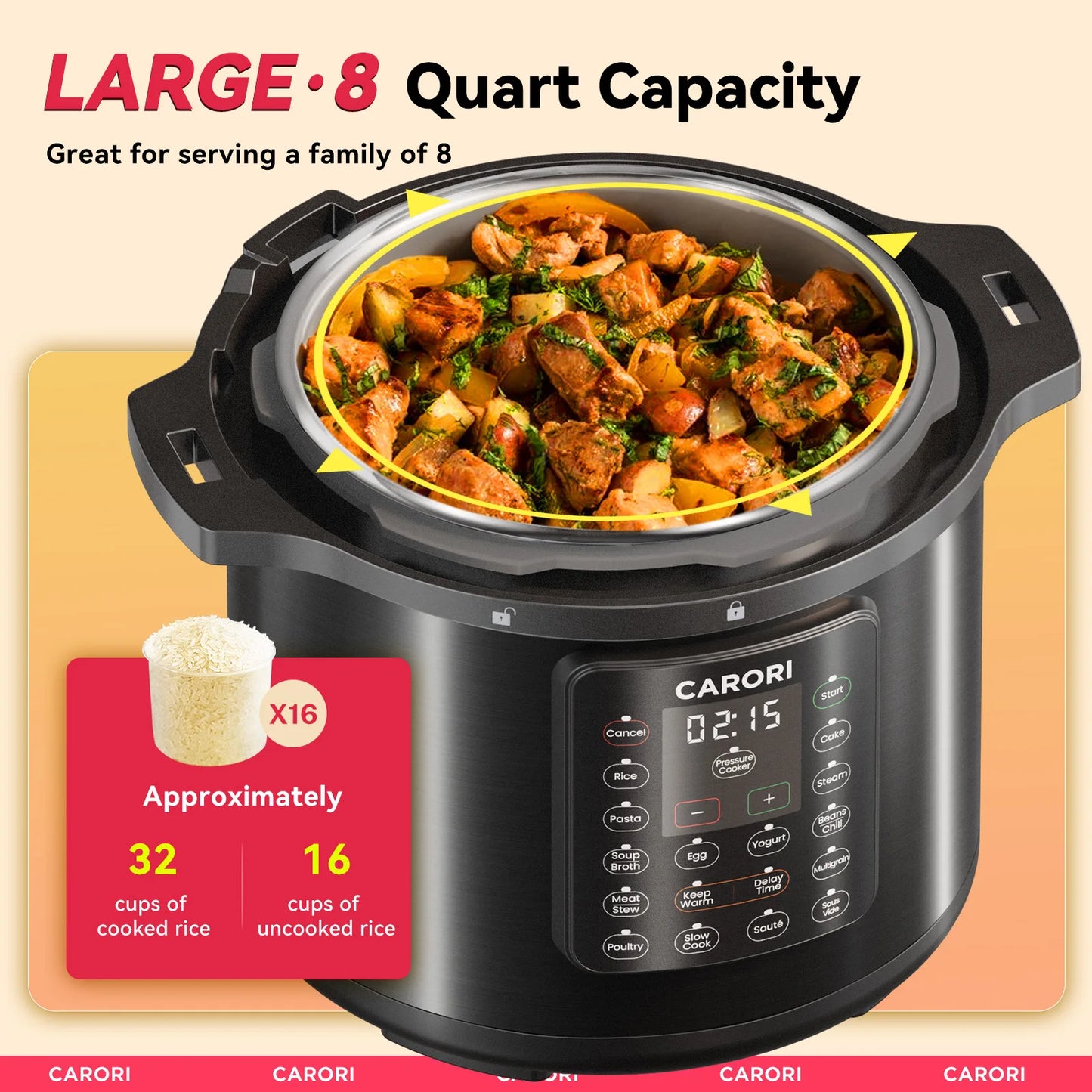 8Qt, 1200W 12-in-1 Stainless Steel Pressure Cooker