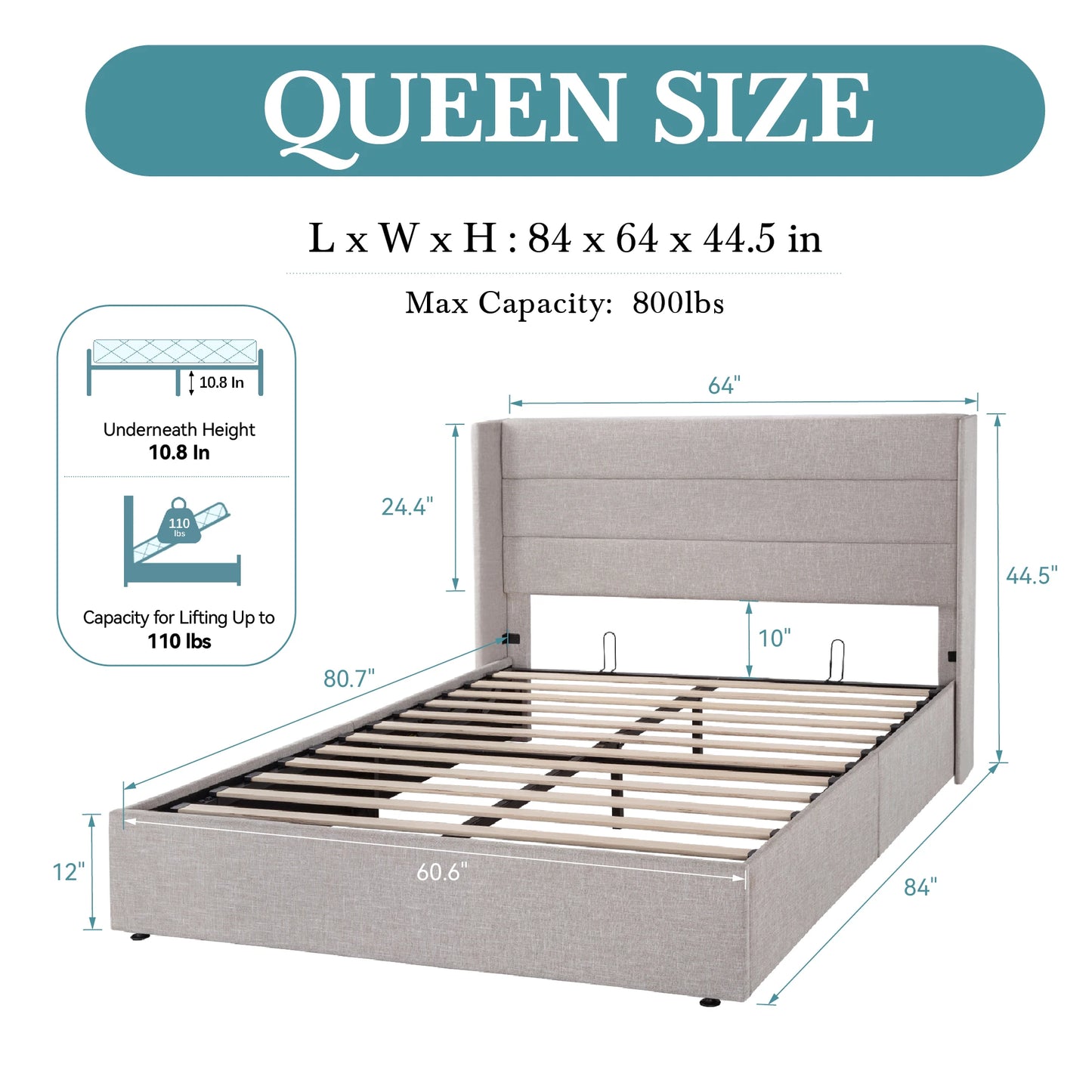 Lift Up Hydraulic Storage Bed with Wingback Headboard