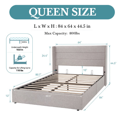 Lift Up Hydraulic Storage Bed with Wingback Headboard