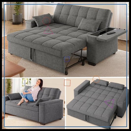 3-in-1 Queen Size Convertible Sofa Bed with Adjustable Backrest and Storage