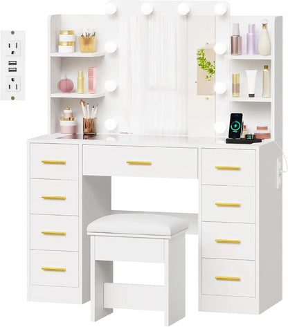 Hollywood Style Makeup Vanity with Glass Top, Power Outlet, Stool & 9 Drawers