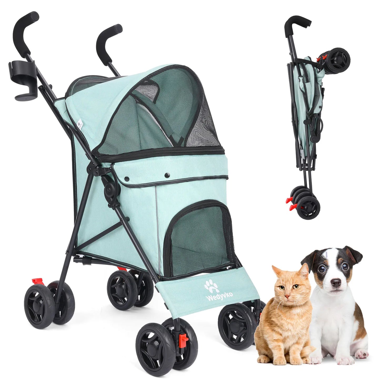 Pet Stroller 4 Wheel Stroller Rotate with Brakes & Storage