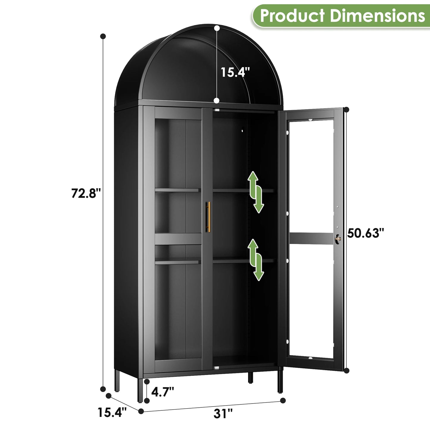 Metal Arched Display Cabinet with Lockable Glass Door and 2 Adjustable Shelves