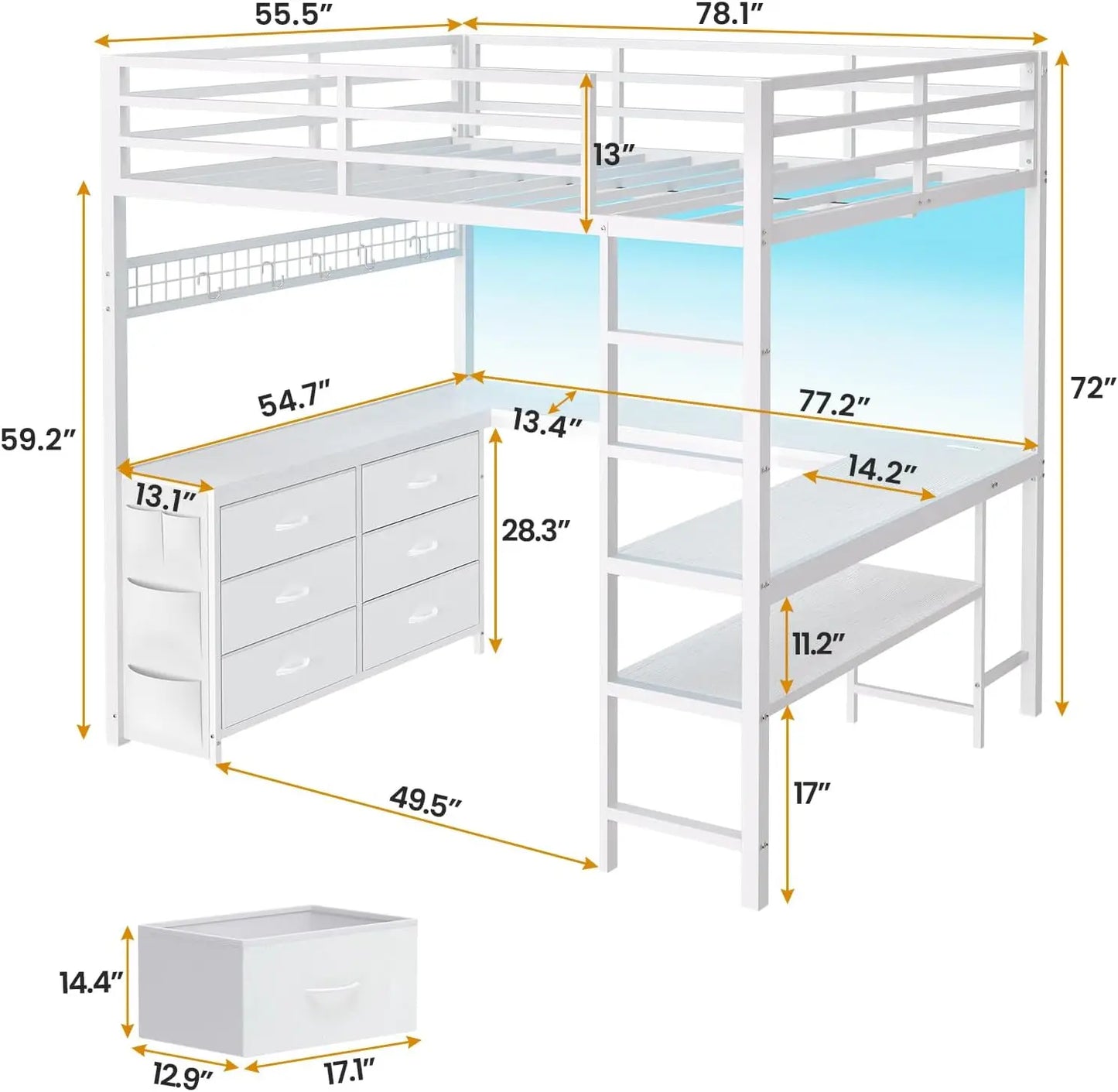 Full Size Loft Bed With U-Shaped Desk, 6 Drawers and Power Outlet
