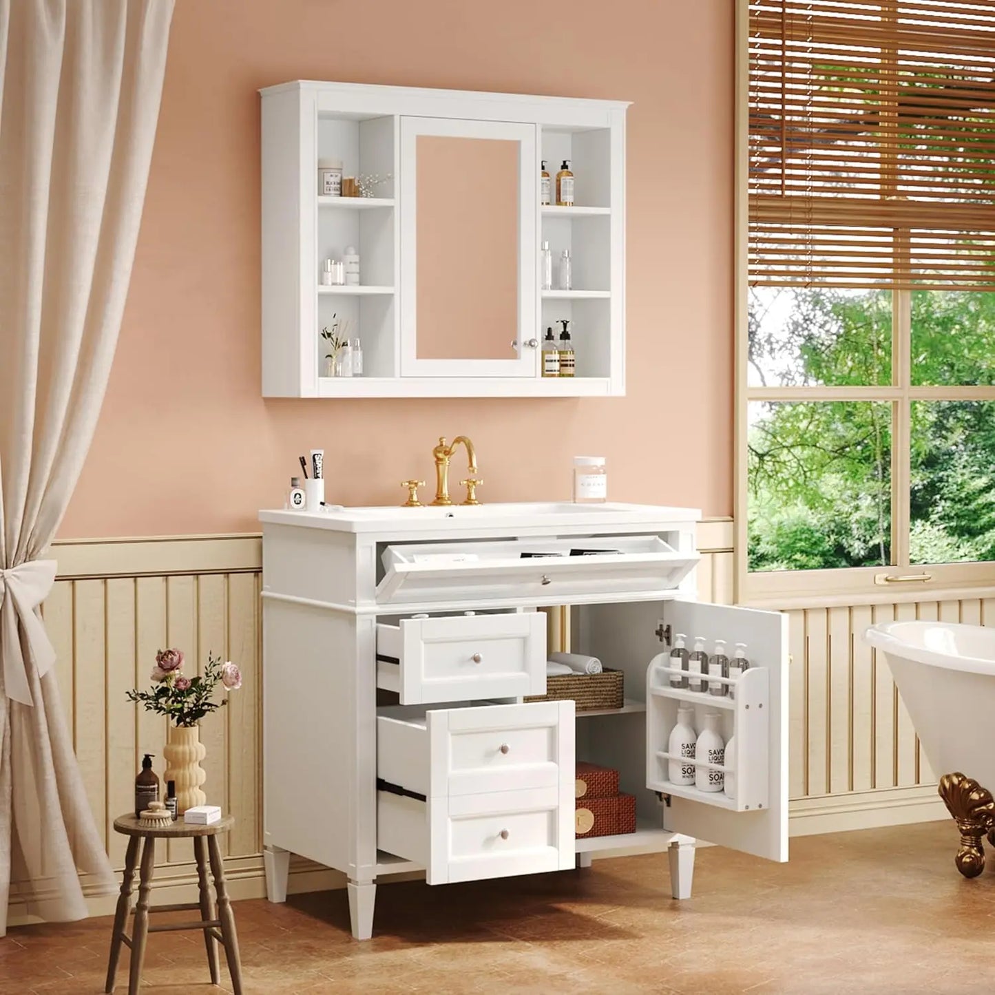 Modern 36" Bathroom Vanity w/Matching Mirror, Cabinet, Single Sink & Storage