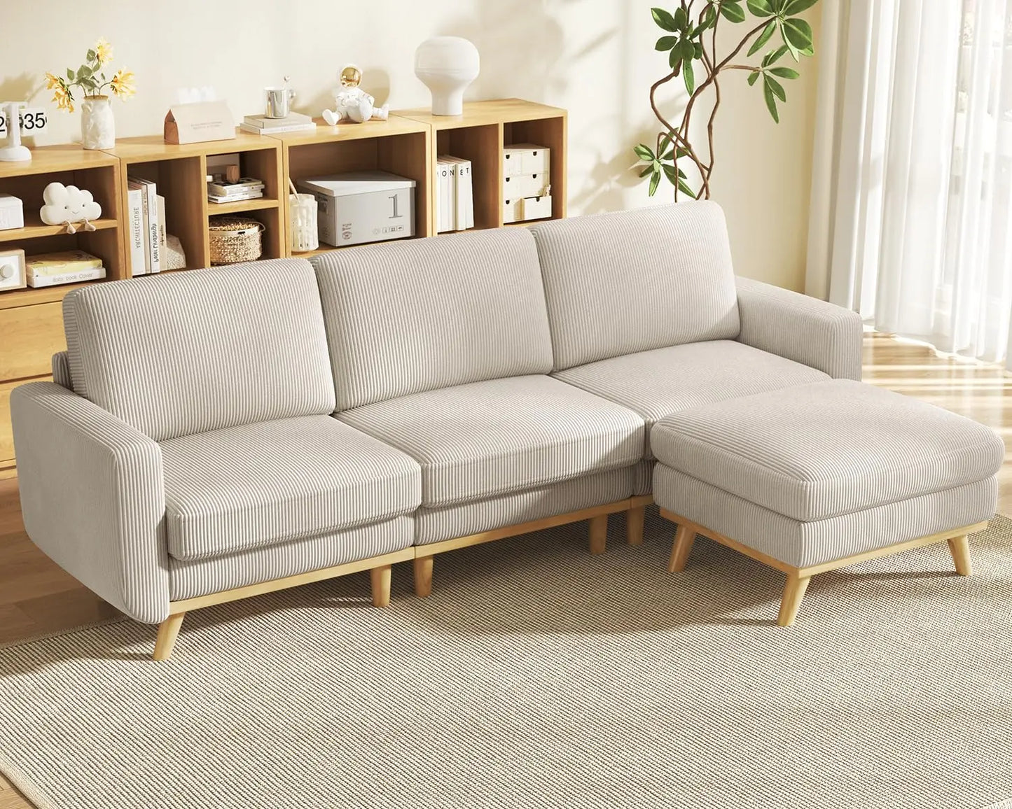 3-Seat Corduroy L-Shape Modular Sofa with Movable Ottoman,