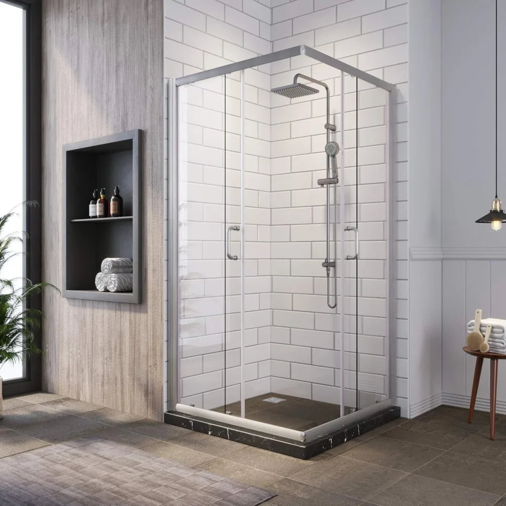 Corner Shower Enclosure w/Glass Shower Doors, Brushed Nickel