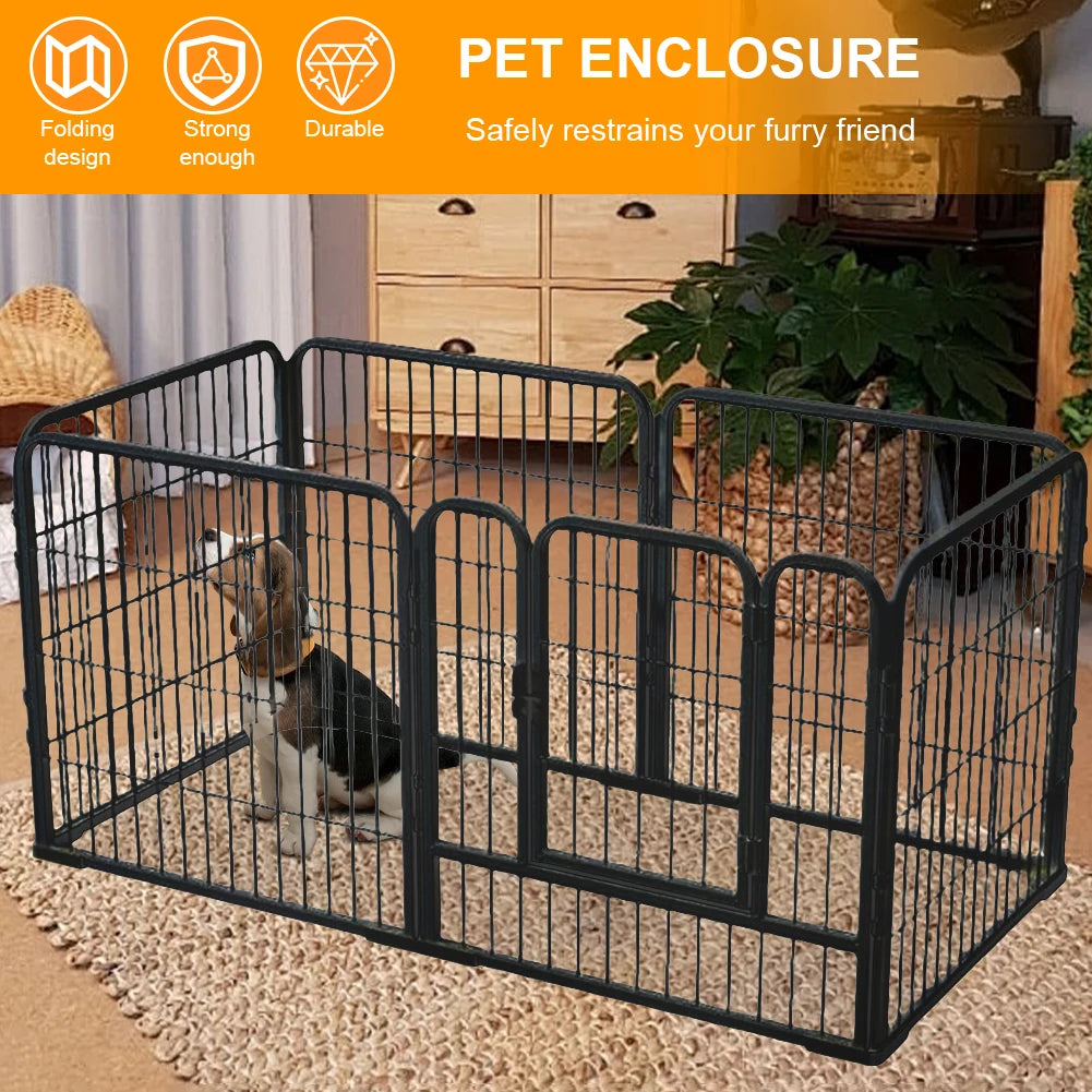 6 Panels Pet Playpen w/Door, Foldable Metal Barrier, Exercise Fence
