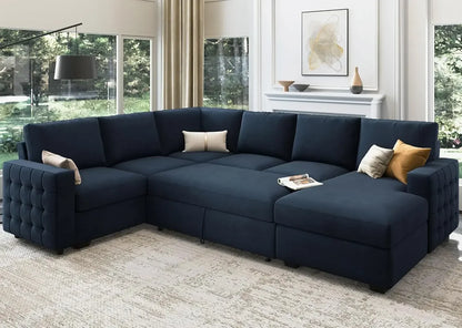 U-Shape Sectional Couch With Pullout Bed with Storage Chaise Lounge