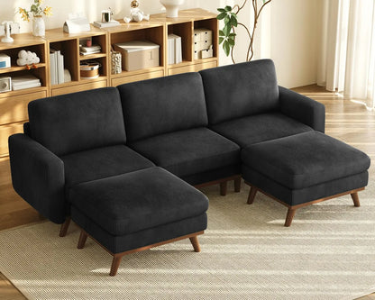 3-Seat Corduroy L-Shape Modular Sofa with Movable Ottoman,