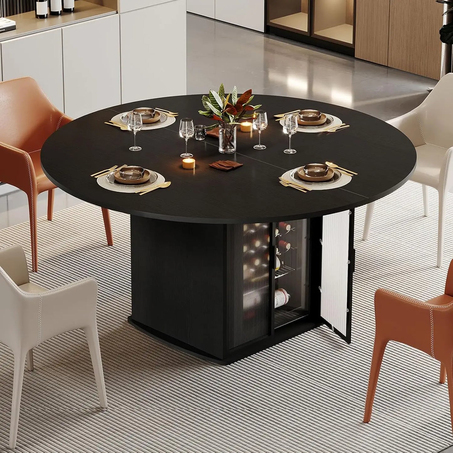 Black Round Dining Table with Storage Space