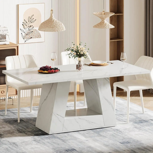 Modern Rectangular Dining Table, Wooden. Faux Marble