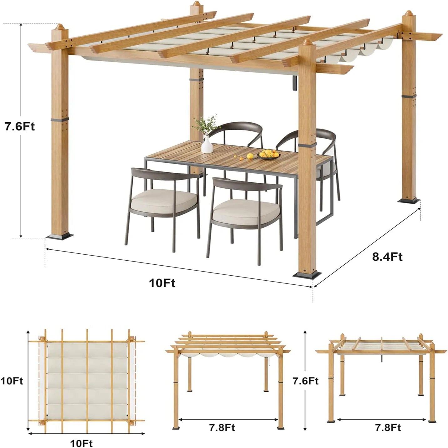 10x10Ft  Aluminum Retractable Pergola w/Sun Shade Canopy