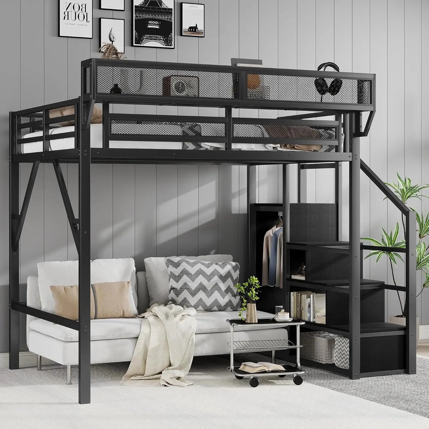 Full Size Metal Loft Bed w/Stairs, Shelf & Storage