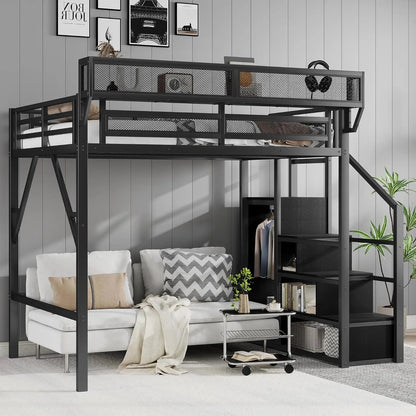Full Size Metal Loft Bed w/Stairs, Shelf & Storage