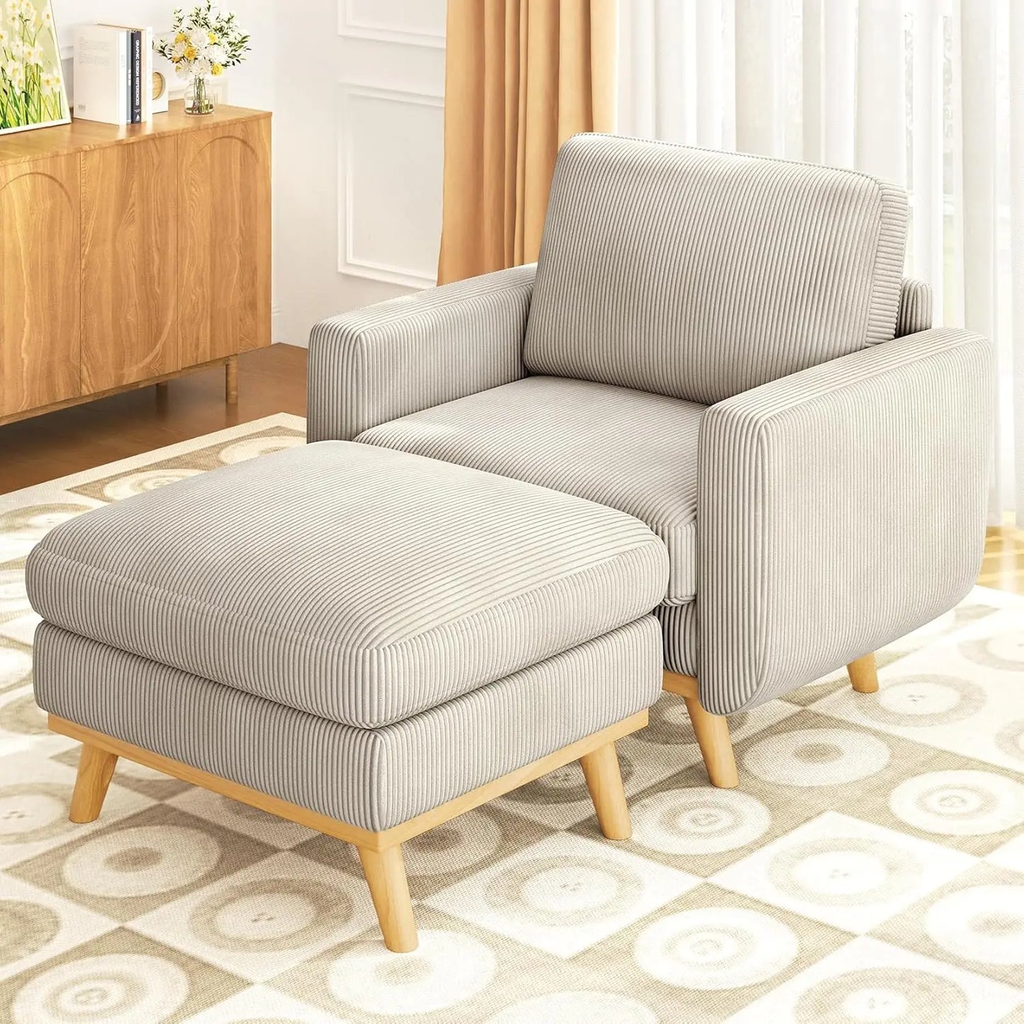 3-Seat Corduroy L-Shape Modular Sofa with Movable Ottoman,