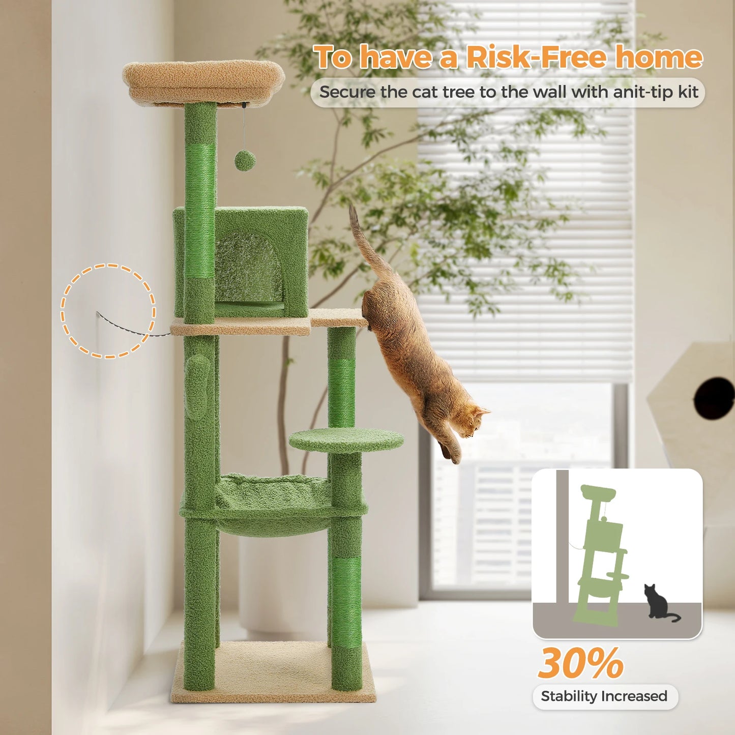 Cactus Tree Cat Tower with Hammock and Large Top Perch