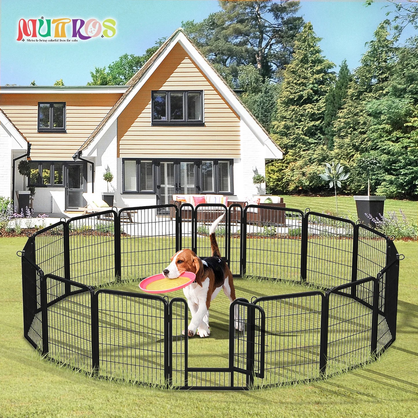Outdoor/Indoor Foldable Metal Pet Fence w/Door, Heavy Duty