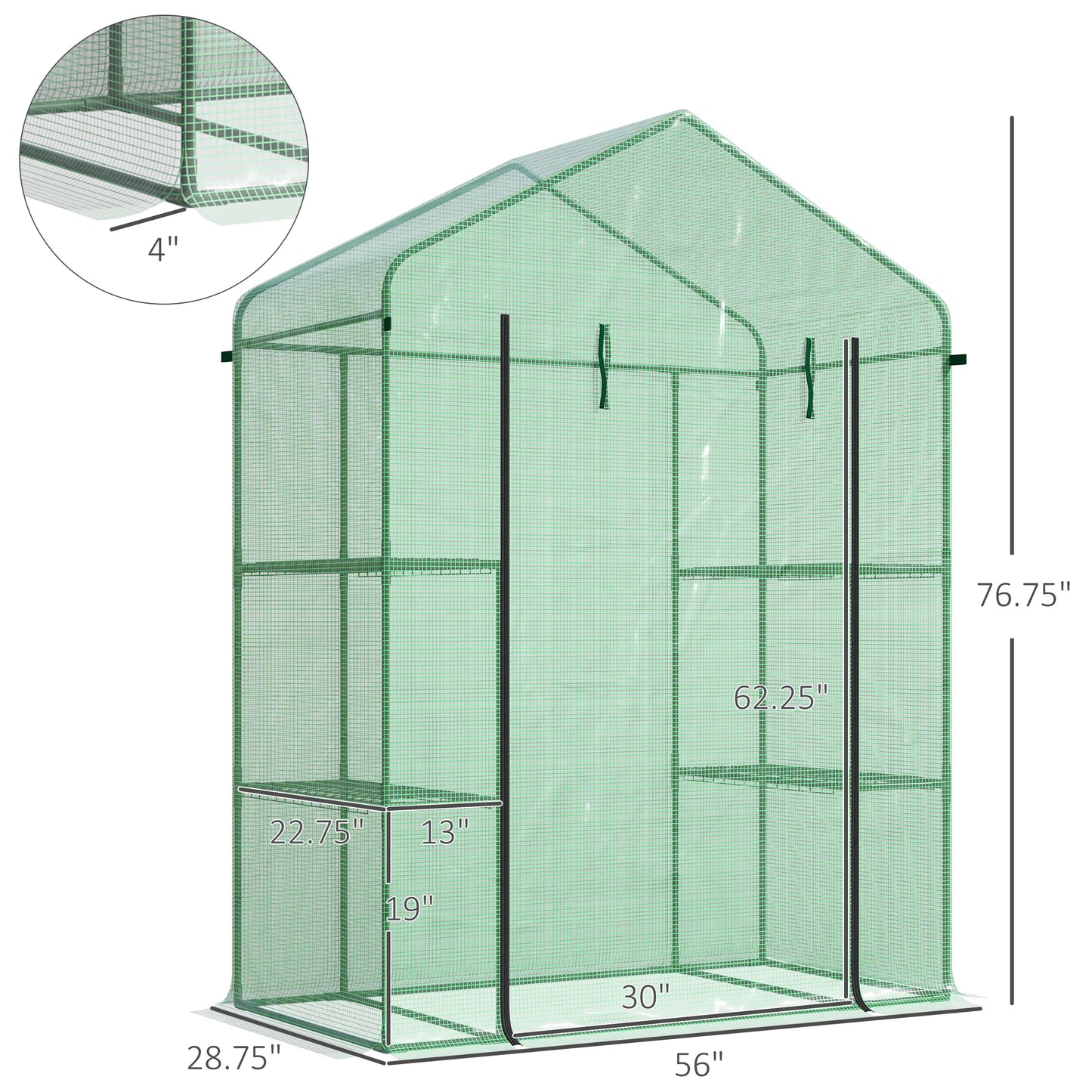 56" X 29" X 77" Portable Walk-In Greenhouse w/4-Tier Shelves & Roll up Door